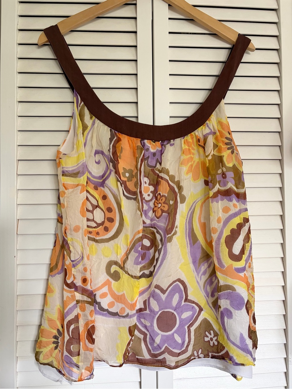 Milly of NY Brown-Trim Floral Paisley Print Sleeveless Blouse